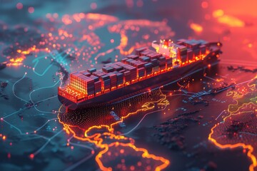 cargo ship laden with containers traveling across a stylized map of the world
