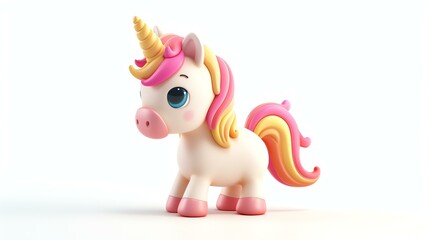 3D rendering of a cute and colorful unicorn. The unicorn is standing on a white background and has a pink mane and tail, a yellow horn, and blue eyes.