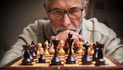 Extreme close-up and front view of an elderly pensive male chess player wearing glasses thinking about game strategy. Intelligence competition concept. Generative Ai.