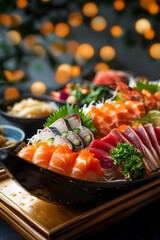 Delectable Sashimi on Elegant Wooden Platter with Blurred Studio Lighting Background