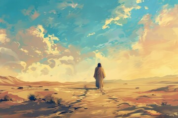 A painting of a person walking in the desert. Suitable for travel websites or outdoor adventure blogs - obrazy, fototapety, plakaty