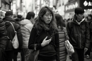 A young woman exhibits a concerned expression amid a city crowd in a monochromatic scene