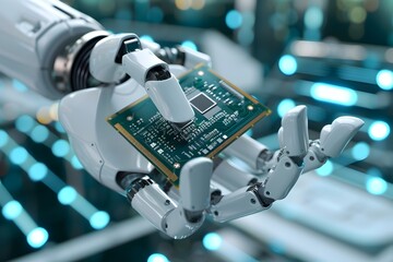 High Tech Robotic Arm Holding Advanced Computer Processor Chip in Modern Industrial Setting - obrazy, fototapety, plakaty