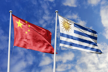 3d illustration. China and Uruguay Flag waving in sky. High detailed waving flag. 3D render. Waving...