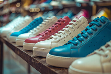 A close-up shot of a line of fashionable sneakers in a sports fashion store, using a shallow depth of field to blur the background and emphasize the textures and decoration. muted color tone.