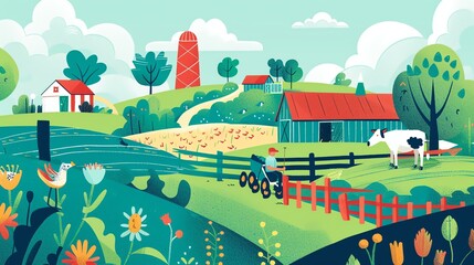 A farmer rides a tractor through a lush green field. In the background, a red barn and a silo can be seen. The farmer is wearing a hat and overalls.