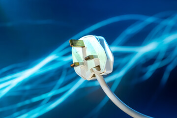 UK Plug 3 Pin Plug with Power Cable on Electrical waves background
