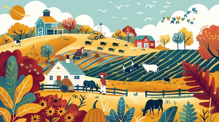 An illustration of a farm in the fall. The image shows a red barn, a white farmhouse, and a yellow tractor.