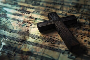 A wooden cross resting on a sheet of music. Ideal for religious or musical themes