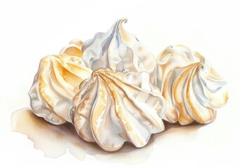 A painting of three meringue on a white surface. Suitable for food blogs or recipe websites - obrazy, fototapety, plakaty