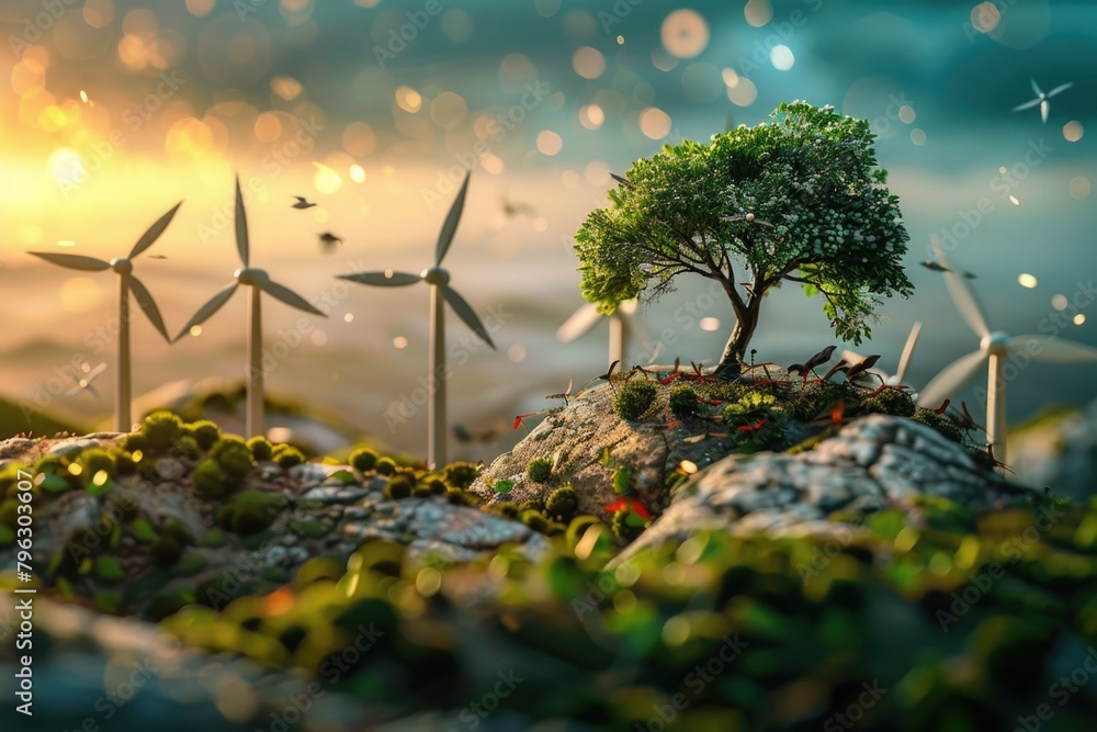 Poster a small tree sitting on a rock near wind turbines. suitable for environmental and renewable energy c
