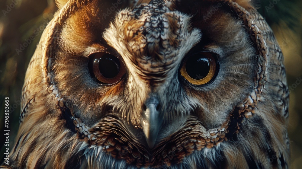 Poster close up of an owl's face with a tree in the background. perfect for nature and wildlife themes