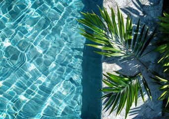 Palm tree shadow, water pool, copy space. Vacation