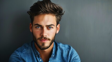This is a photo of a young man with light brown hair and blue eyes. He is wearing a blue shirt and has a beard.