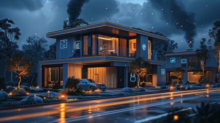 Smart home with connected devices and energy-saving icons. Road with trees and smart lighting in hyper-realistic style.