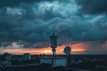 A picturesque sunset view from a rooftop. Ideal for background use