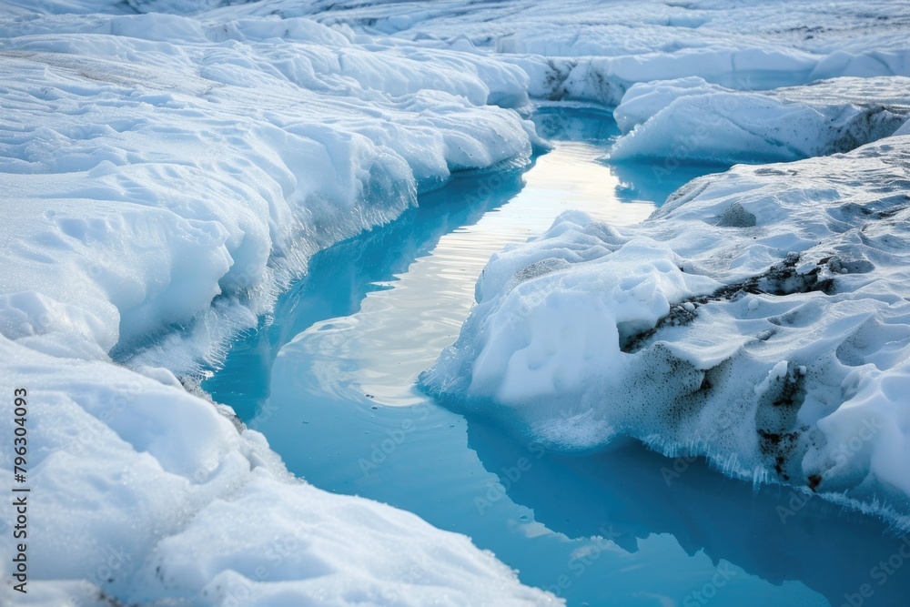 Poster a scenic view of a stream flowing through a snow covered field. perfect for winter themed designs