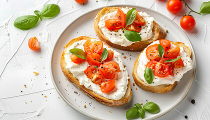 Plate of tasty toasts with cream cheese on white tile background