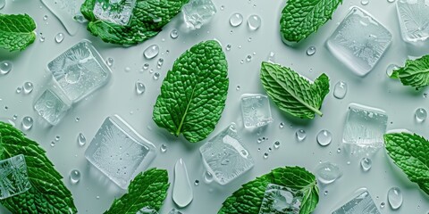 Fresh mint leaves and ice cubes on a white surface. Perfect for summer drinks - obrazy, fototapety, plakaty