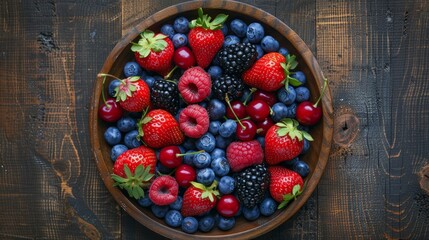 Fresh organic summer berries mix in round wooden tray on dark wooden table background. Raspberries, strawberries, blueberries, blackberries and cherries. Top view