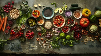 Top view of healthy food ingredients on rustic background. Clean eating concept.