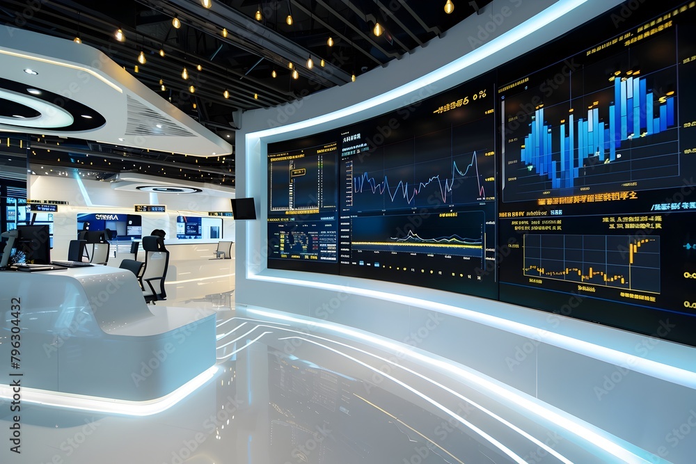 Poster cutting edge financial data visualization in modern news studio setting
