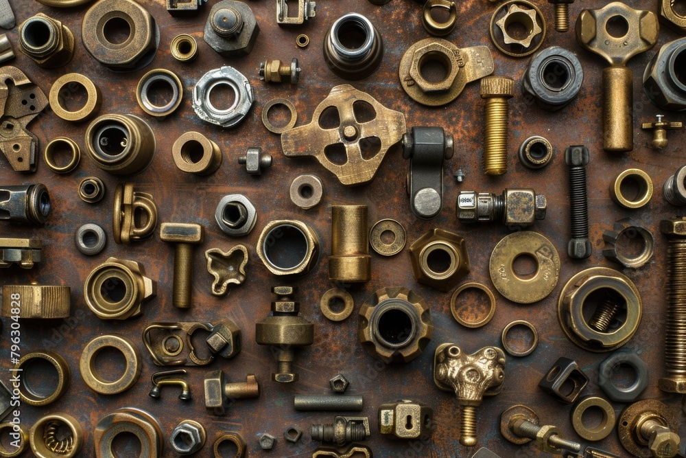 Poster assorted metal parts displayed on a table, suitable for industrial concepts