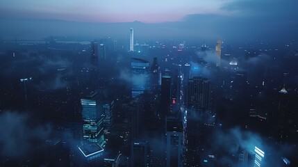 A stunning aerial view of a modern city at night. The city is shrouded in a thick layer of fog, which gives it an ethereal and mysterious appearance.