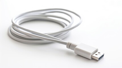 Closeup a white USB data transfer cable on a white background. AI generated
