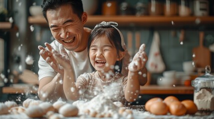 joyful preteen kid and her happy dad having fun while baking in a home kitchen,