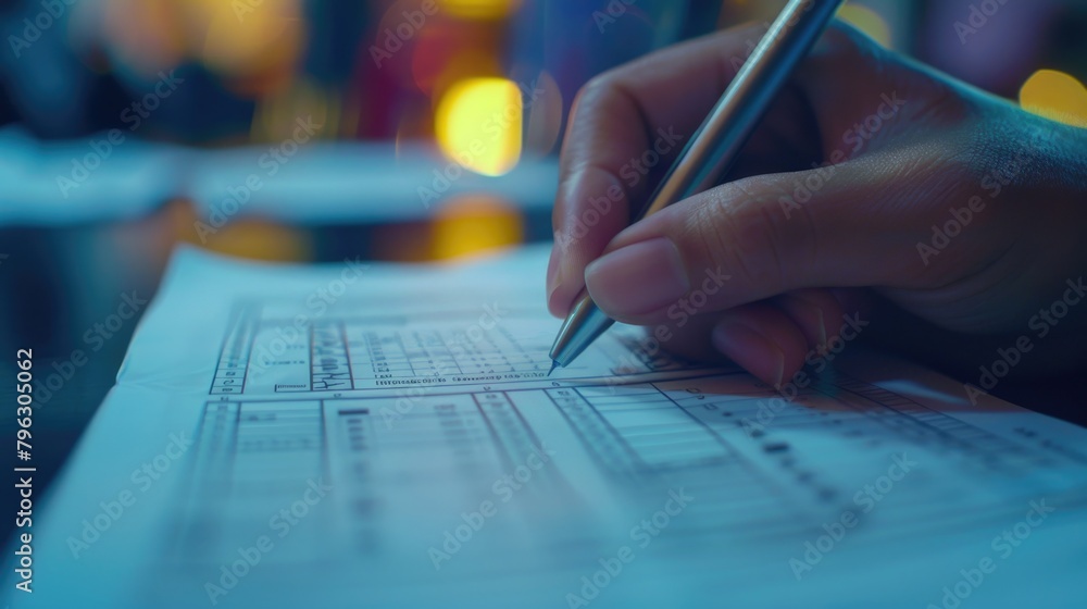 Poster image of a person writing on a piece of paper with a pen. suitable for educational and office relate