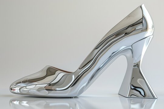 An ultra-modern, metallic high heel shoe with a reflective surface and sculptural design, set against a clean background.
