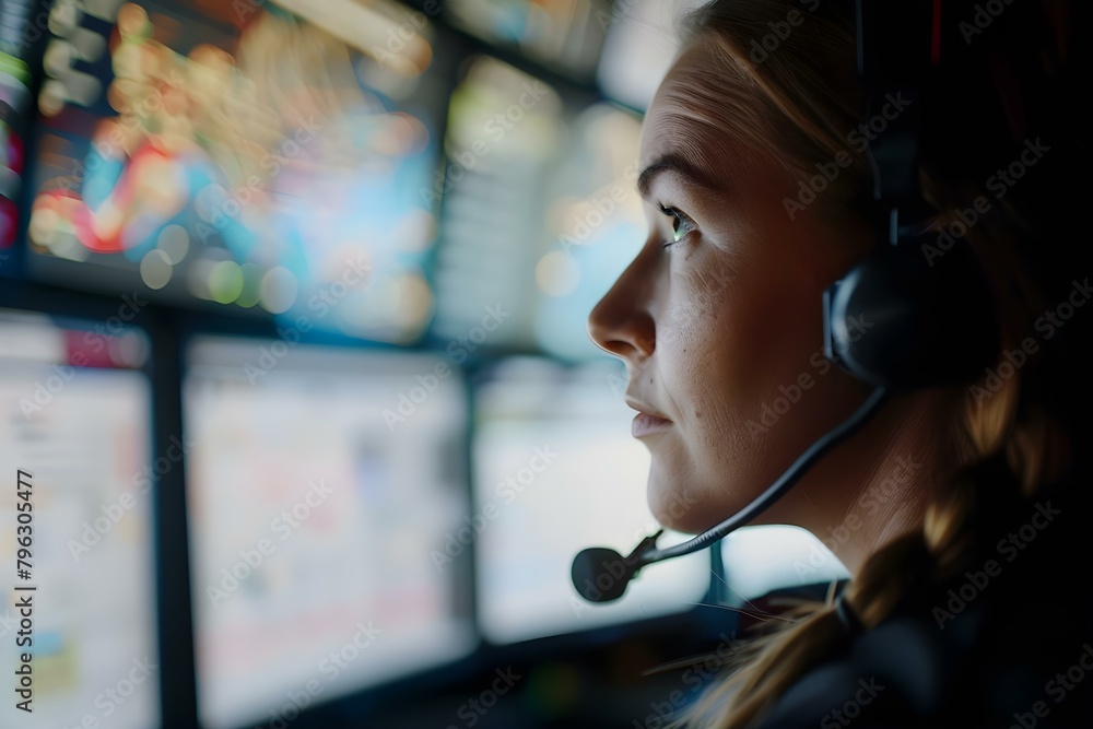 Poster cybersecurity analyst in security operations center monitors network traffic for threats. concept cy