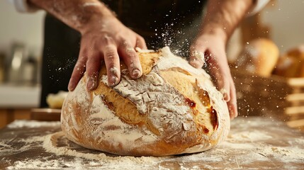 Baker kneading dough, making fresh bread in a bakery.