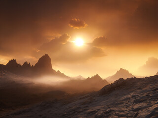Naklejka premium misty sunset in a stone desert