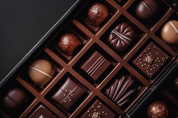 Obraz premium Chocolate Box on Dark Background. Sleek and Modern Design Artisan Chocolate. 