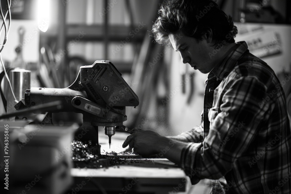 Poster A man working on a machine in a workshop. Suitable for industrial and manufacturing concepts