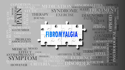 Fibromyalgia as a complex subject, related to important topics. Pictured as a puzzle and a word cloud made of most important ideas and phrases related to fibromyalgia. ,3d illustration