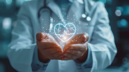 Heart health innovation with digital hologram, for medical technology,The concept of charity, love, donate and helping hand. International cardiology day