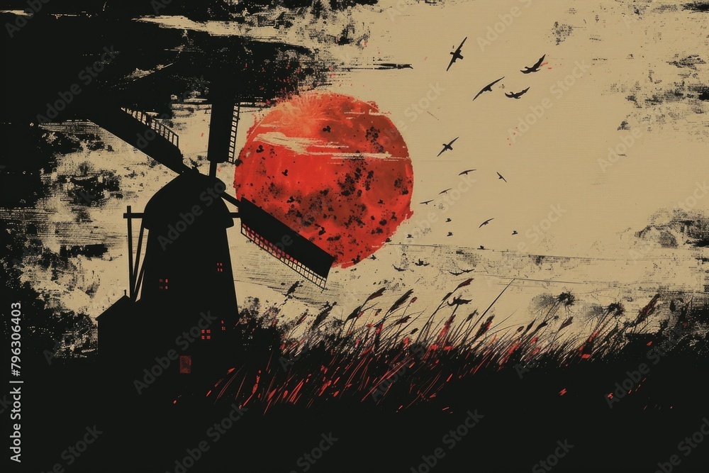 Poster a picturesque windmill with a vibrant red sun setting in the background. ideal for nature and landsc