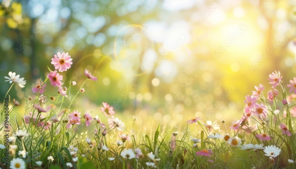 Poster blurred spring meadow with sunny sky gradient and defocused bokeh for serene natural backgrounds