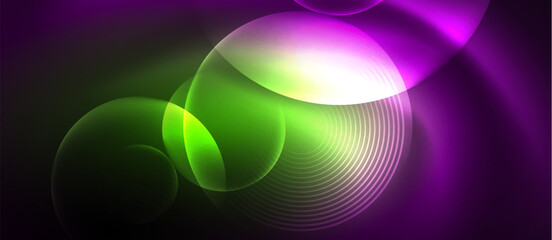 Vibrant colors of purple, violet, magenta, and electric blue create a stunning visual pattern of glowing green and purple circles on a dark background, resembling liquid art