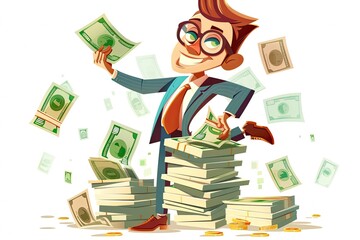 Cartoon Illustration Earning Huge Profits And Business Analysis isolated on white