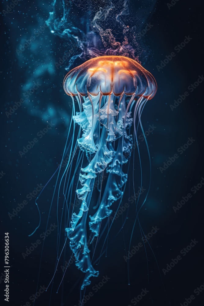 Poster a jellyfish floating in the ocean under a dark sky. suitable for marine and nature concepts