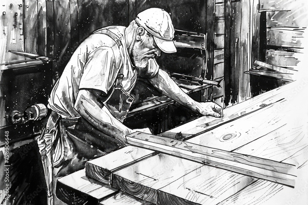 Poster a man focused on working with wood. suitable for woodworking and craftsmanship concepts