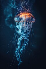 A jellyfish floating in the ocean under a dark sky. Suitable for marine and nature concepts