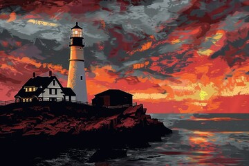 A painting of a lighthouse on a rocky island. Suitable for nautical themes - obrazy, fototapety, plakaty