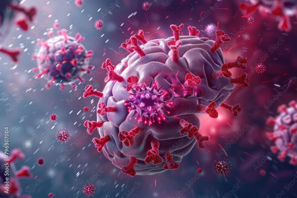 Poster close up view of a cell surrounded by red and white cells. suitable for medical and scientific conce