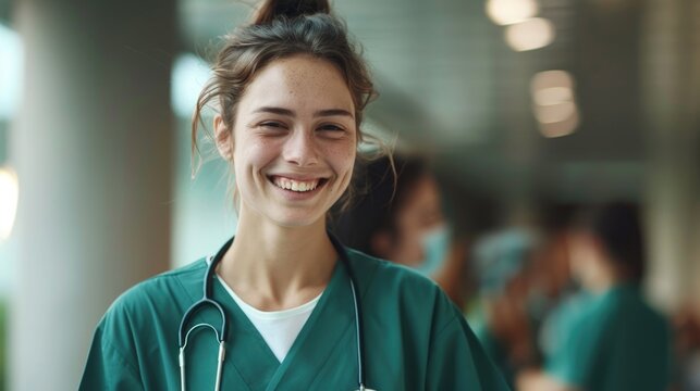 A woman wearing a green scrub suit and a stethoscope. Suitable for medical and healthcare concepts