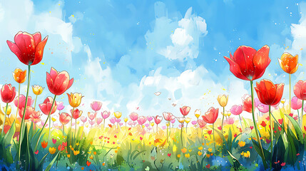  Watercolor illustration of beautiful blooming tulip field under blue sky - obrazy, fototapety, plakaty